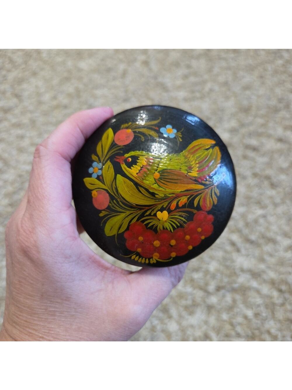 Vintage Russian Hand Painted Black Lacquer Wood Round Floral Bird Trinket Box